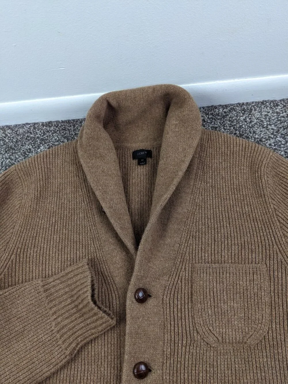 J Crew Sweater Thick Lambswool Shawl Cardigan Rib Knit Brown Mens Medium